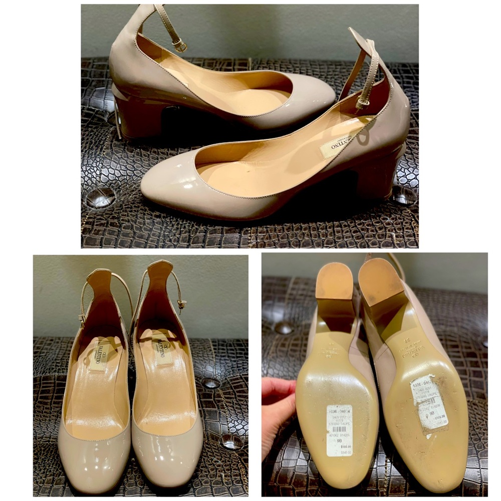 Valentino nude patent leather ankle strap pumps.